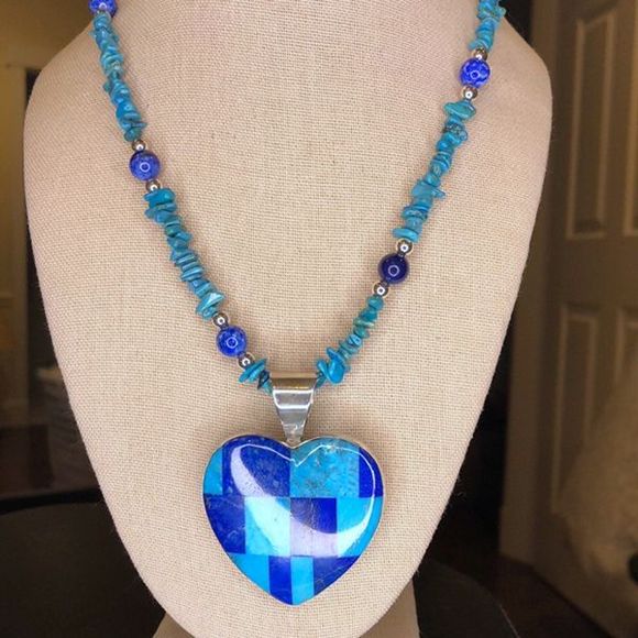 JAY KING Turquoise Lapis Mosaic Inlay Heart Pendant On Turquoise Lapis Necklace - Picture 11 of 13